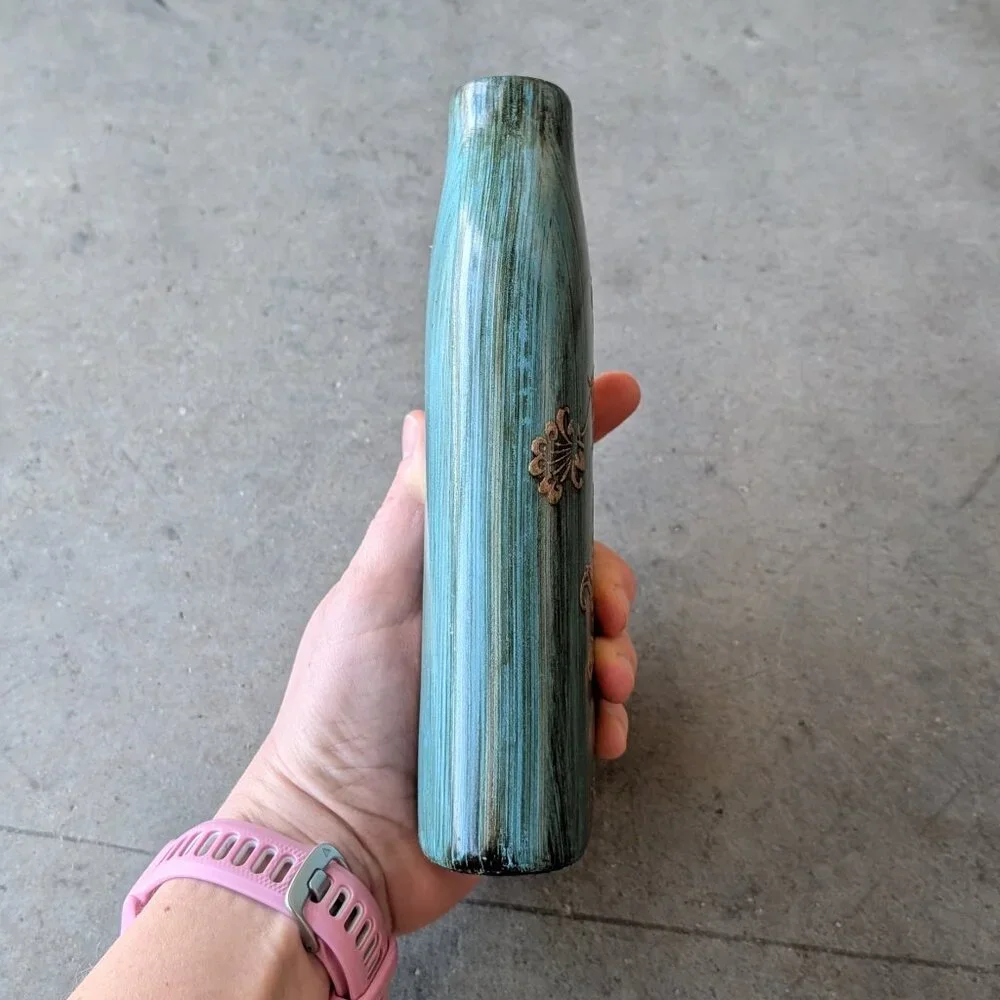 Vintage Teal Liquor Bottle Hand Painted Floral Ceramic Vase - Picture 6 of 9